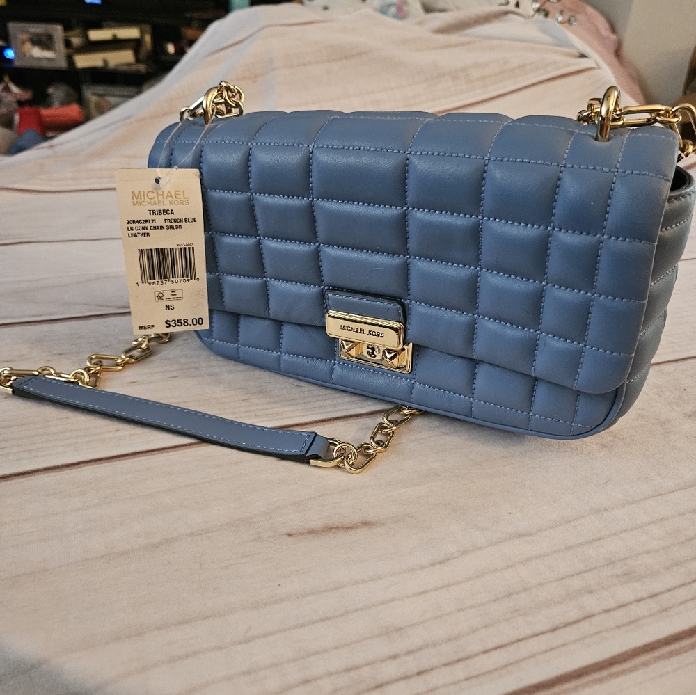 Michael KorsTribeca Large Convertible Chain Shoulder Bag French blue New - Picture 2 of 11